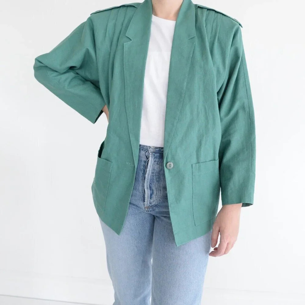 Vintage Manakin Teal Solid Puff Shoulder Tailored Structured Suit Blazer M